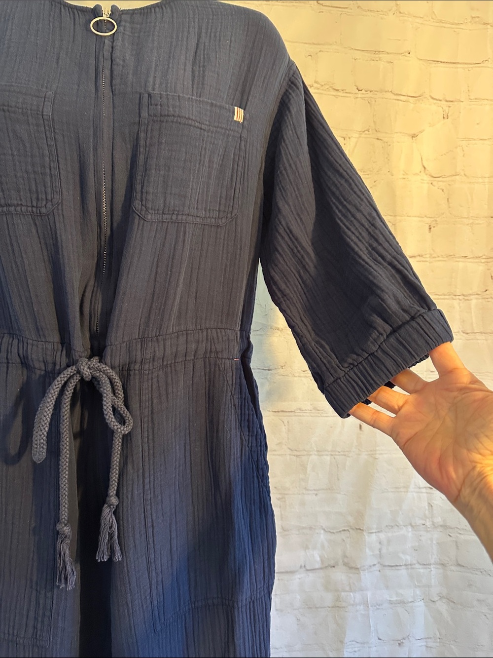 Sundry 3/4 Sleeve Tie-Waist Jumpsuit 100% Cotton Navy with Pockets Size 2 - Picture 5 of 9